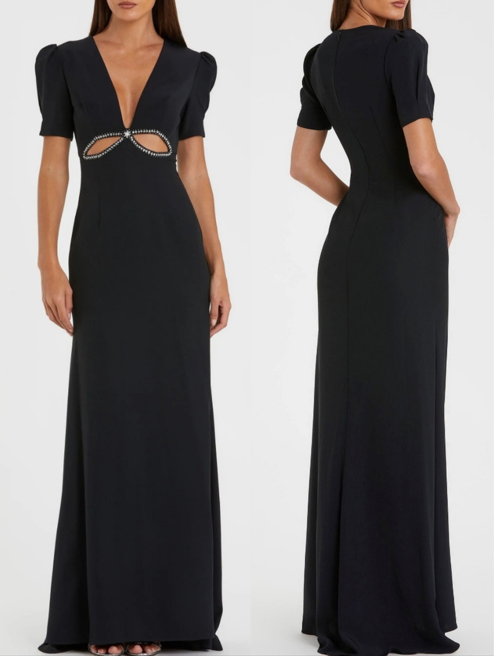 Ieena Mac Duggal 2630 Black Silver Sequin Short Sleeve Cutout Maxi Dress 6 NWT